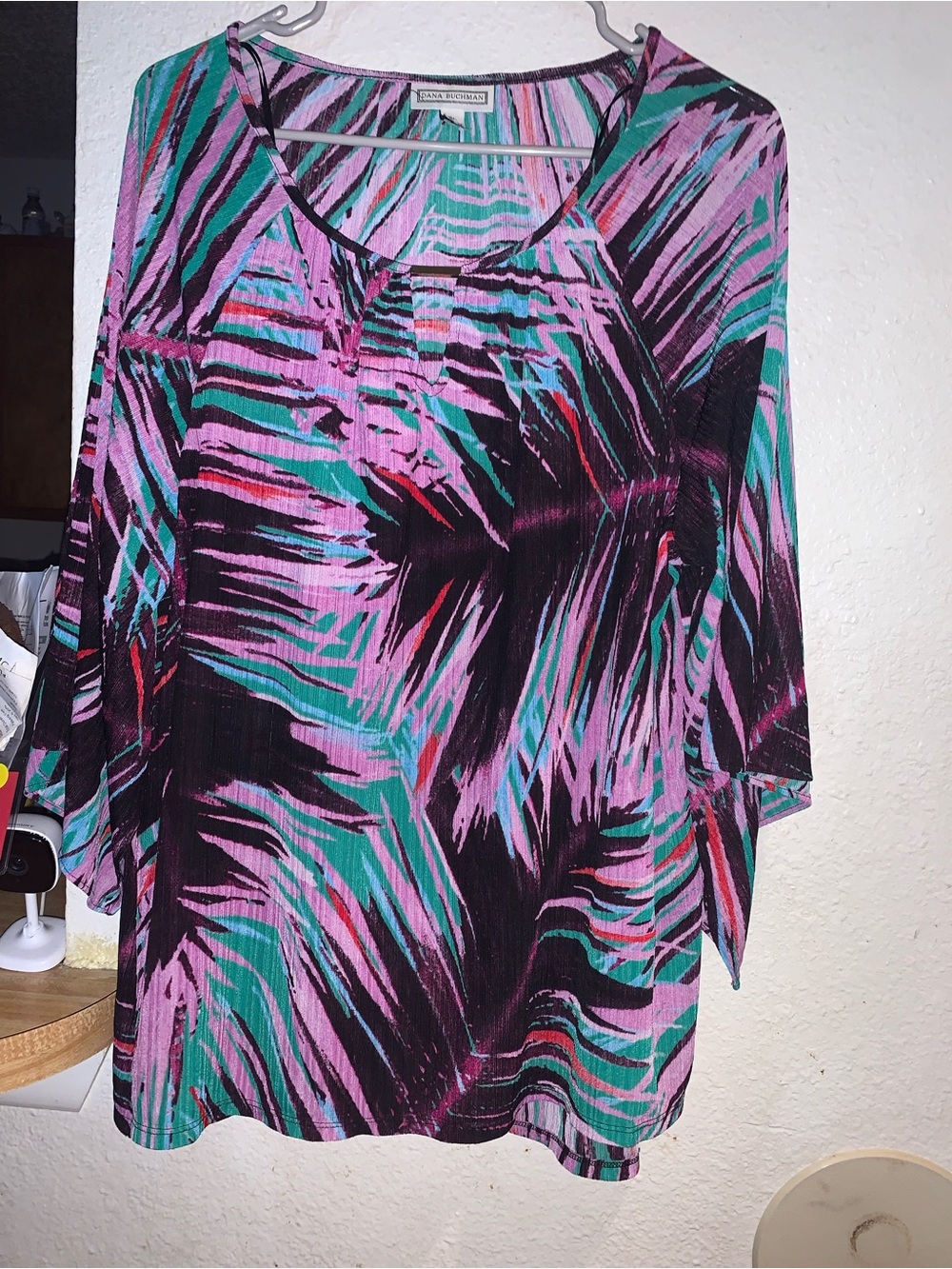 Dana Buchman Pink Green Black Abstract Print Blouse